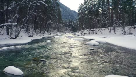 Beautiful-snow-scene-forest-in-winter.-Flying-over-of-river-and-pine-trees-covered-with-snow.