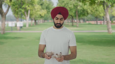 hombre indio sikh contando dinero en el parque