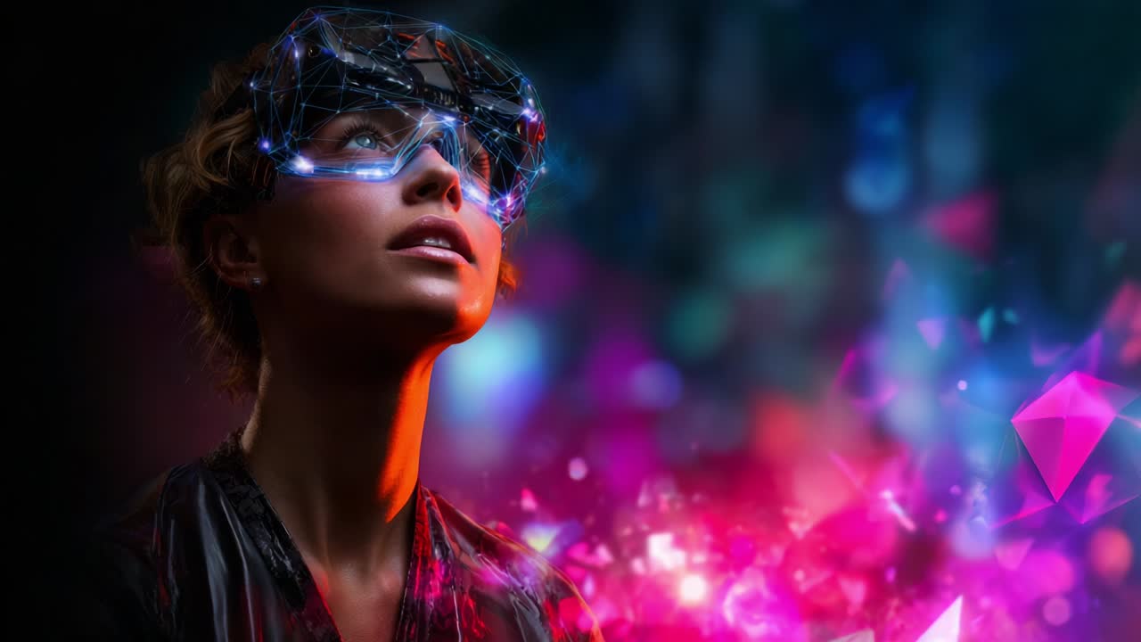Una donna visionaria con indosso occhiali futuristici per la realtà aumentata guarda in alto, immersa in un vivace paesaggio digitale pieno di colori scintillanti e motivi geometrici, che evidenzia la fusione tra tecnologia e immaginazione