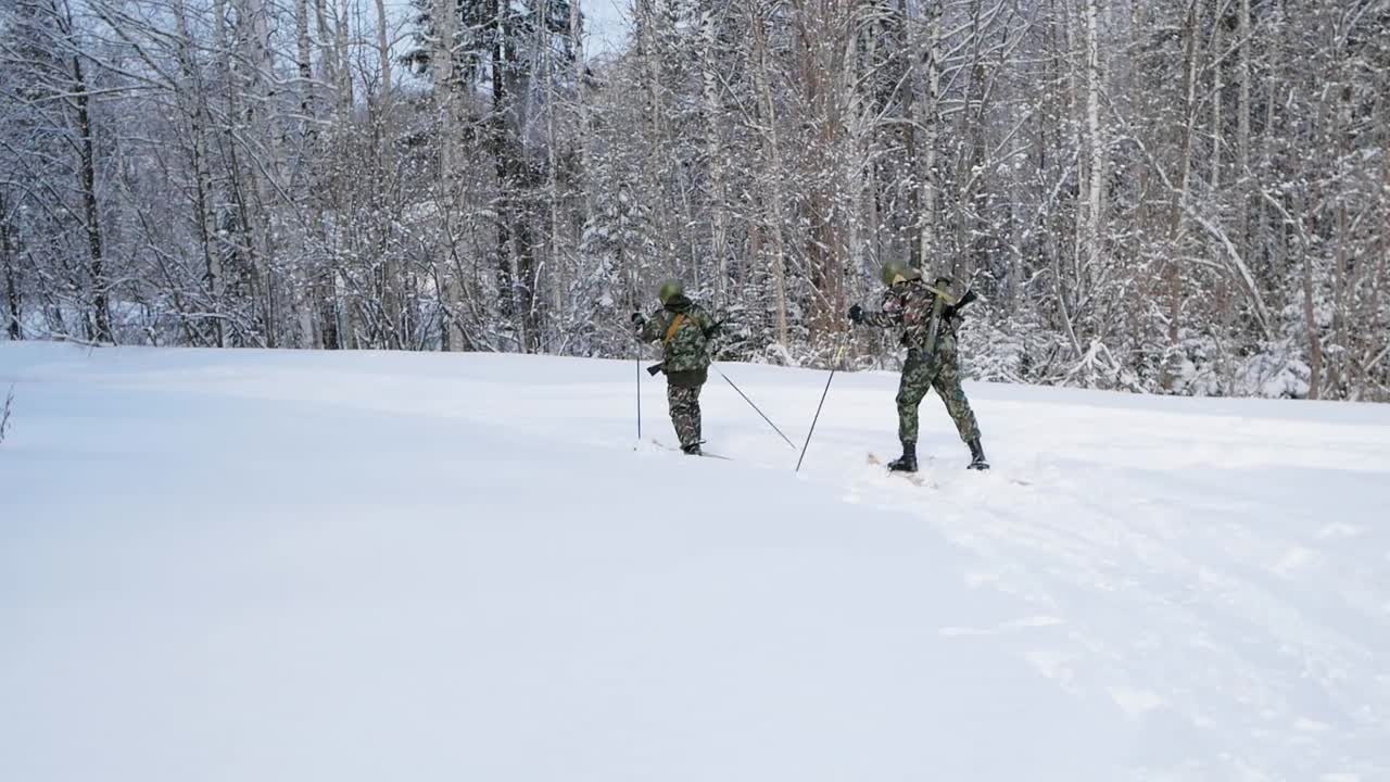 Soldater på ski i sneklædt skov