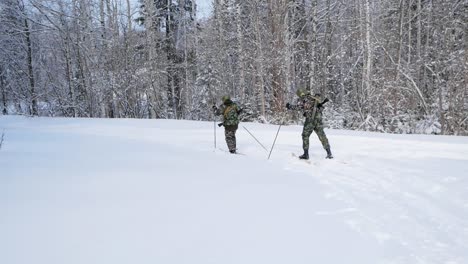 soldiers skiing in snowy forest