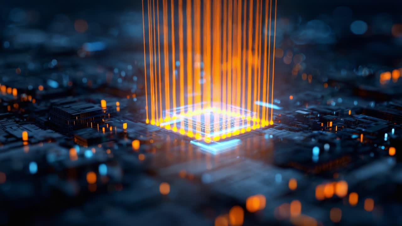 Dynamic Visualization of a Quantum Processor Engaging in Advanced Computational Processes with Luminous Data Streams Highlighting Modern Technology in Action
