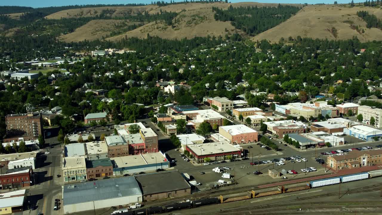 US, Oregon, La Grande, 2025-08-11 - Drone view of the Eagle Cap Excursion Train station