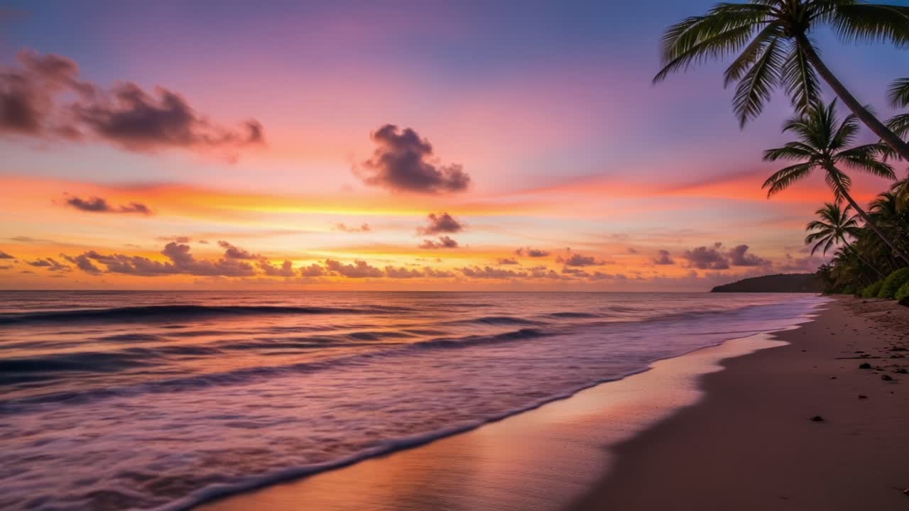 Stunning Sunset Over Tranquil Beach with Palm Trees and Gentle Waves: A Serene Tropical Paradise at Dusk