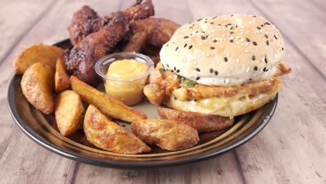 alas de pollo, papas fritas y una combinación de hamburguesas.