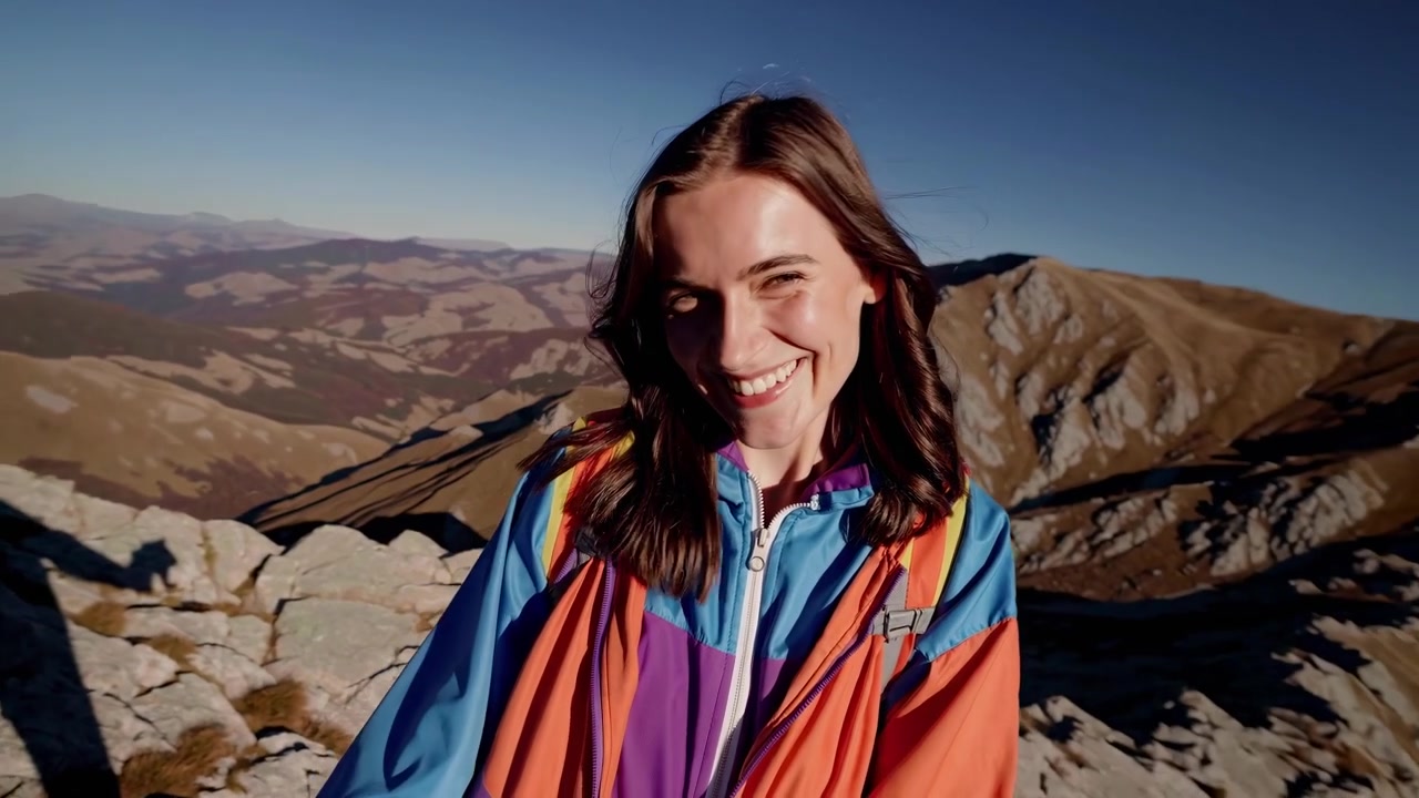 Giovane donna felice che sorride in cima a una montagna