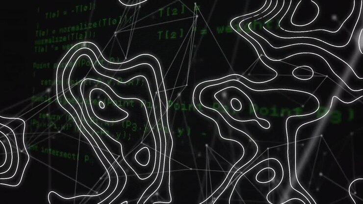 Animation of moving contour lines over network of connections and data processing, on black