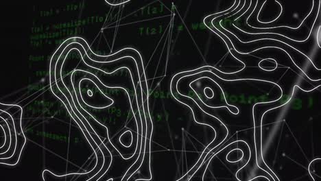 animation of moving contour lines over network of connections and data processing, on black