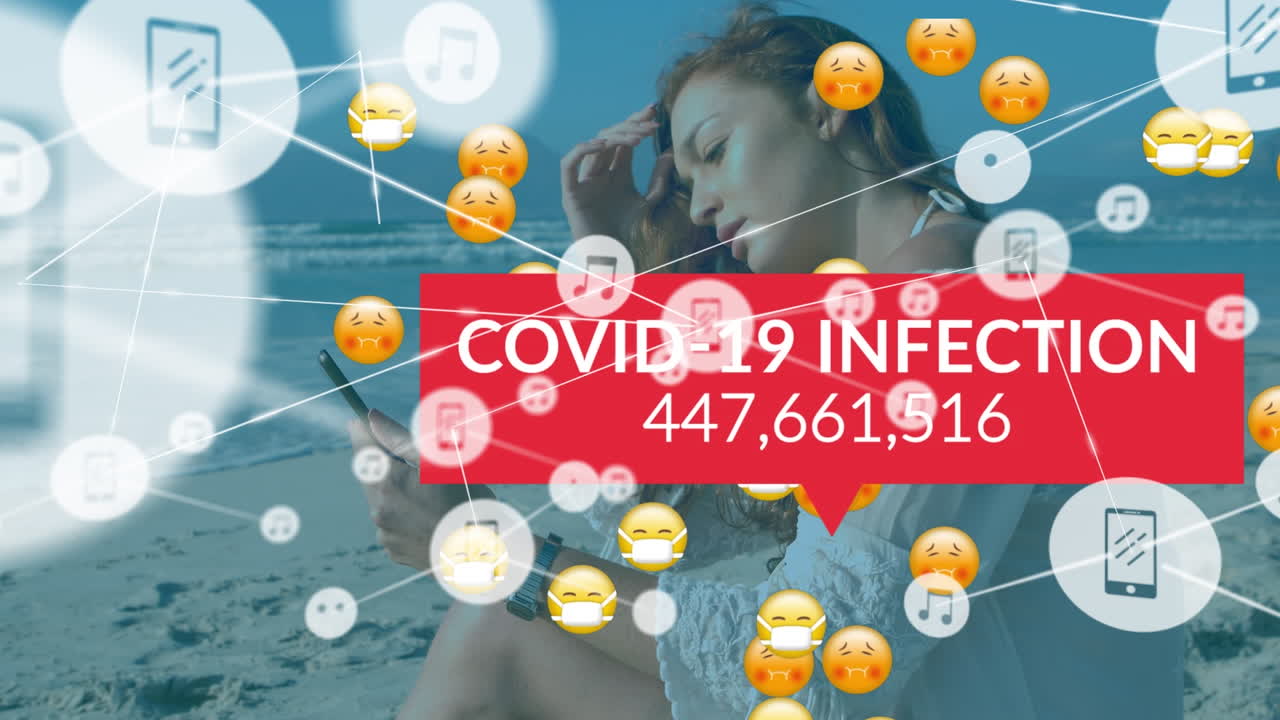 animación de la red de conexiones con iconos de la pandemia sobre la mujer caucásica en la playa