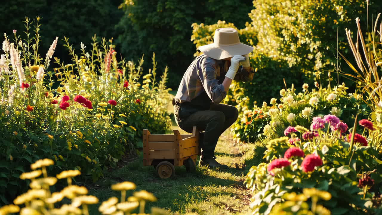 Gardener working in a vibrant flower garden