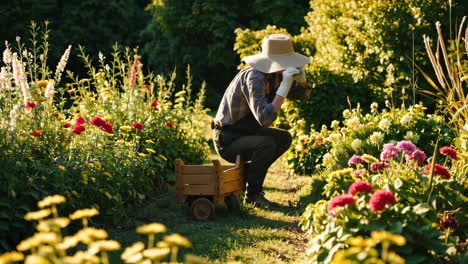 gardener working in a vibrant flower garden
