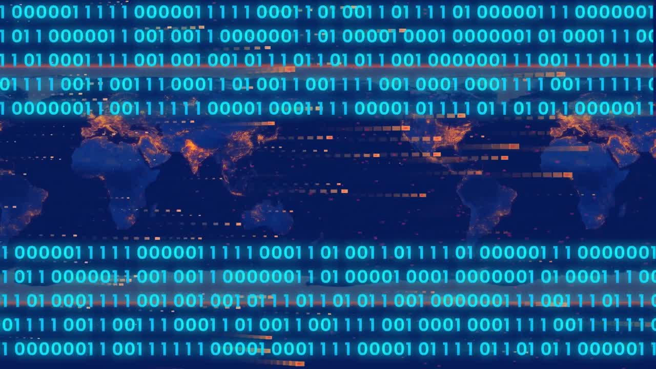 Animation of data processing over world map on blue background