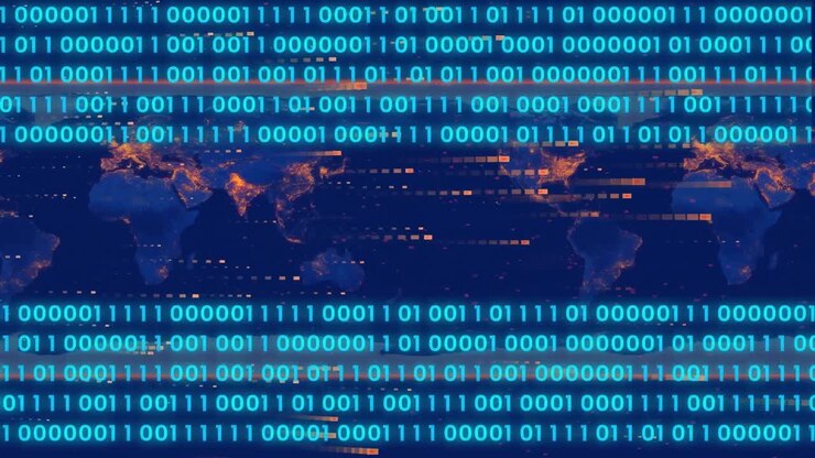 Animation of data processing over world map on blue background