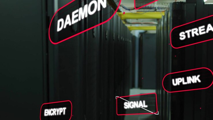 Server rack corridor receiving animated badges sliding in and pulsing, showing network signal flow