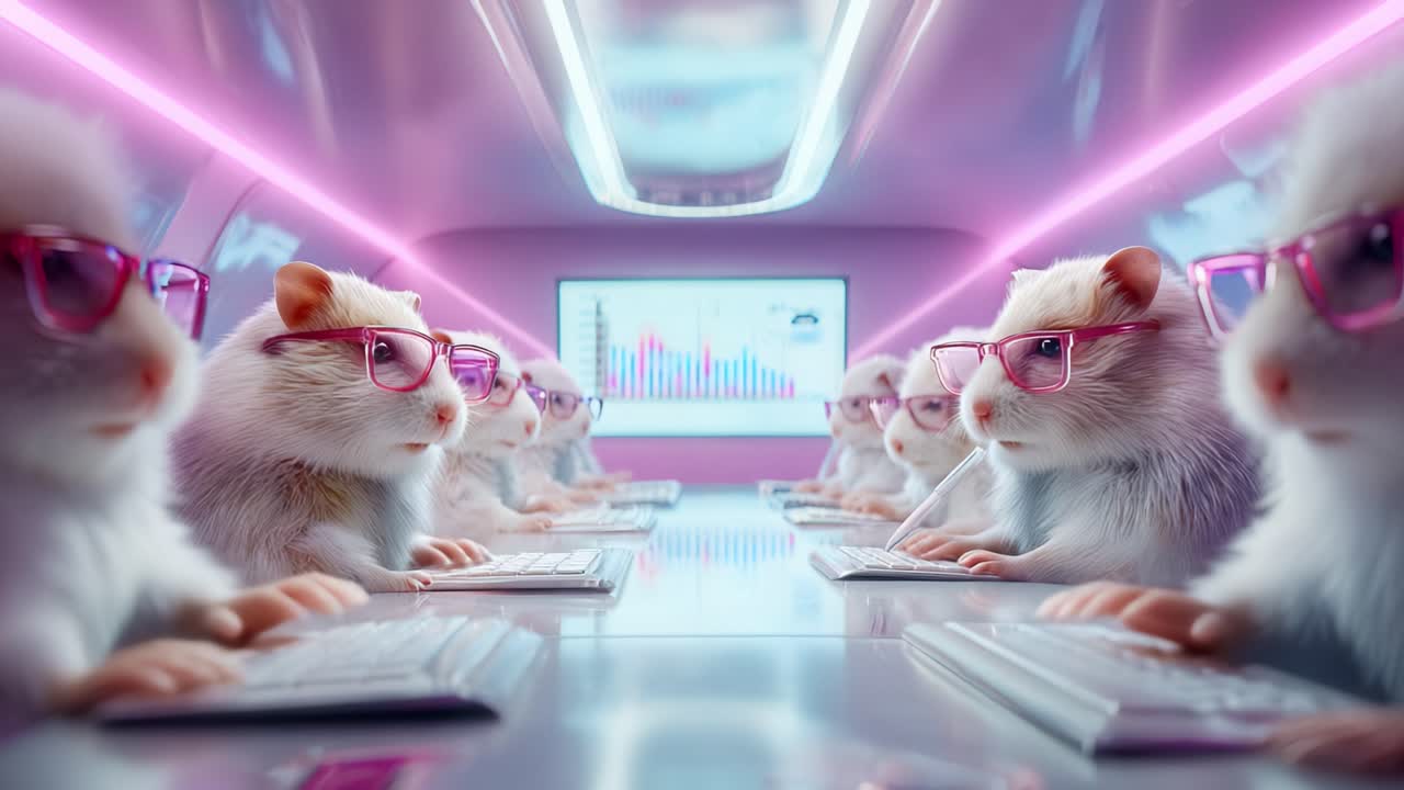 A Creative Digital Workspace with Adorable Rodents: A Meeting of Computer-Savvy Hamsters in Stylish Glasses, Engaging in Fun yet Professional Activities in a Pink-Hued Environment