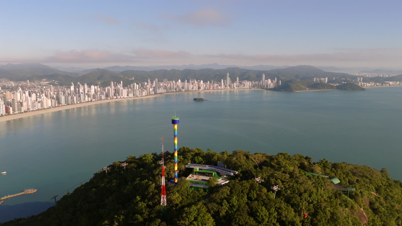 Aerial view of Parque Unipraias in Balneario Camboriu, Santa Catarina, Brazil, city iconic skyline and Atlantic coastline
