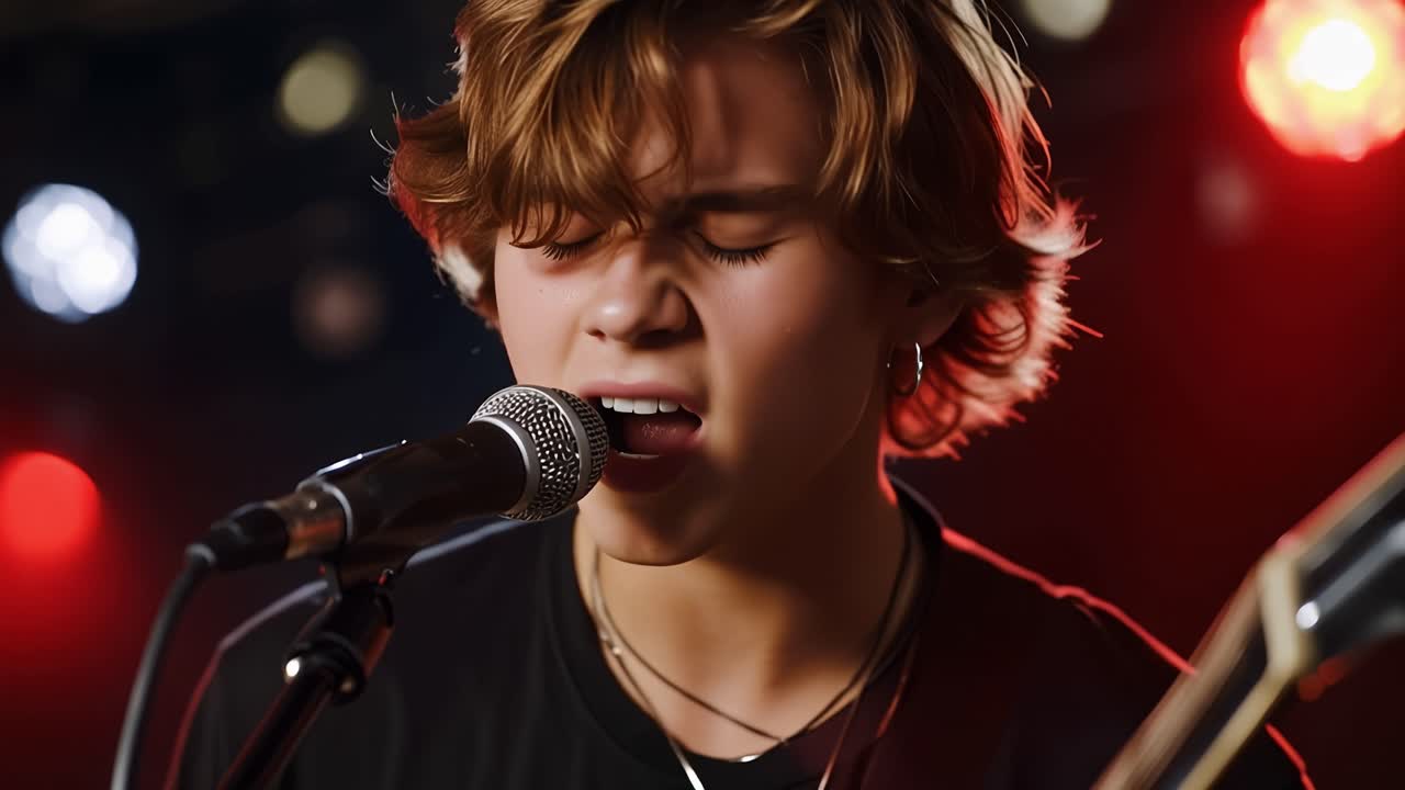 Young Man Singing Passionately into Microphone on Stage