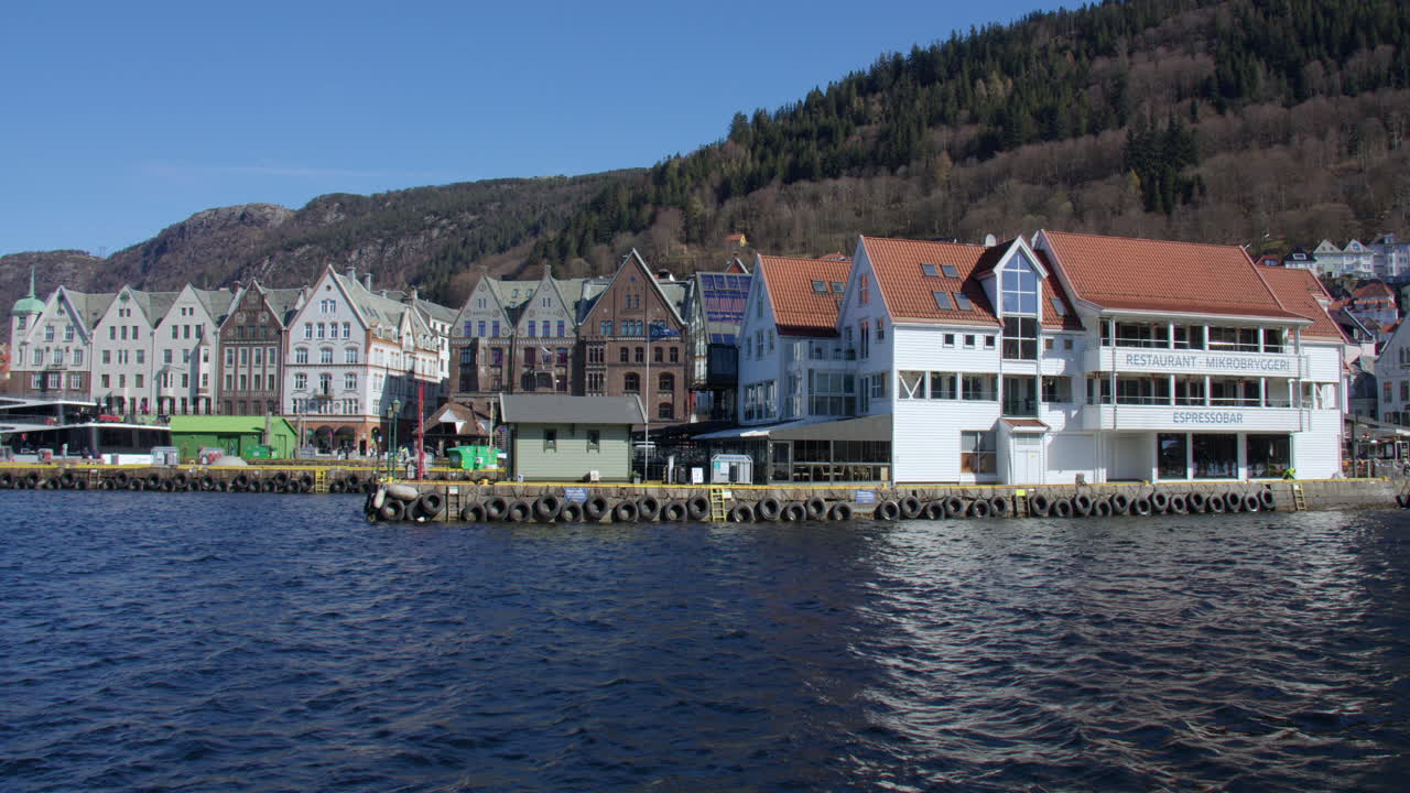 Extra wide shot of old port building at the Harbour Vagen bay with bryggen in background