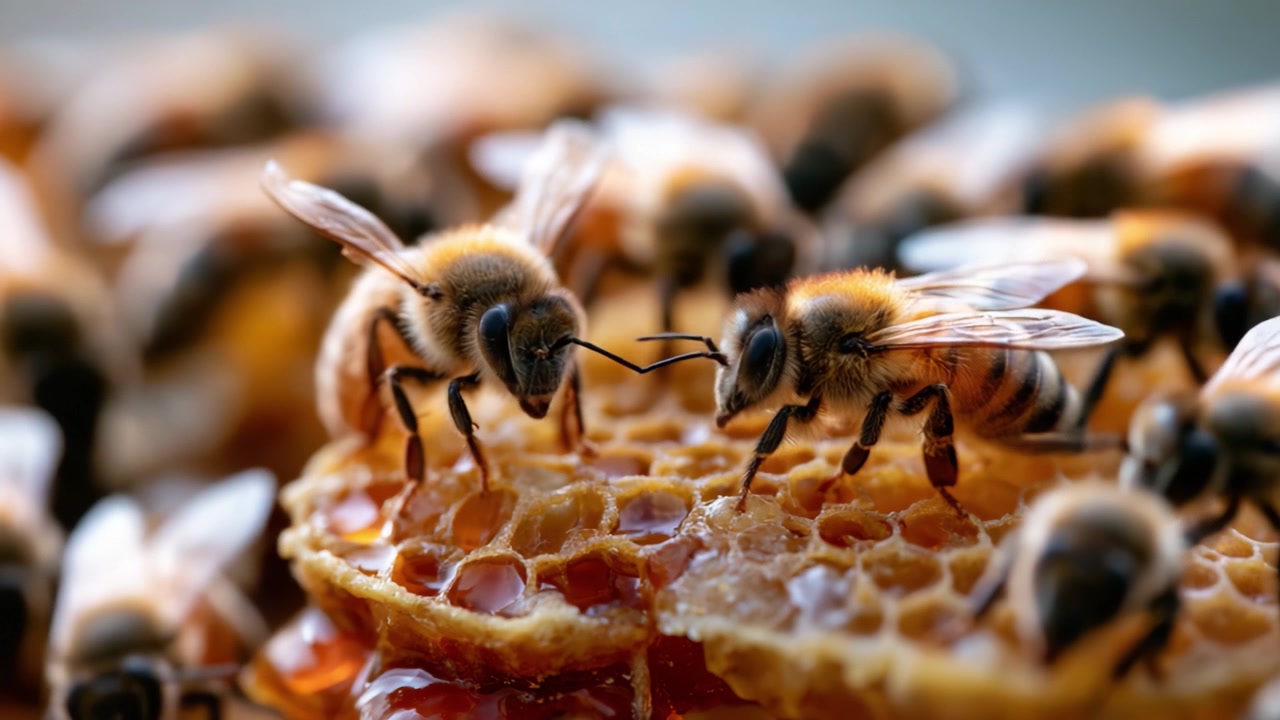 Close-up van honingbijen die nectar verzamelen uit honingraten: een fascinerende blik op hun drukke leven en essentiële rol in bestuiving en honingproductie.