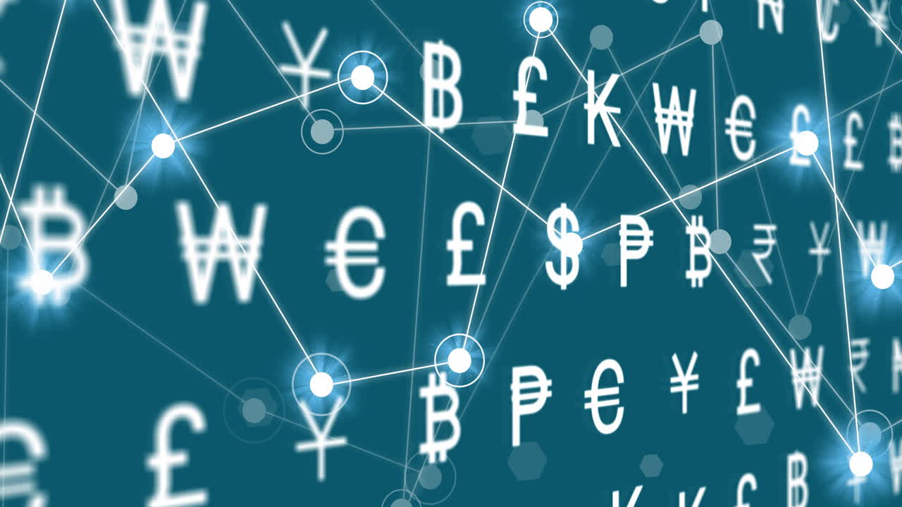Animazione di rete di connessioni su simboli di valuta