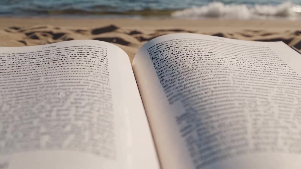 Vento che sfoglia le pagine di un libro aperto su una spiaggia assolata
