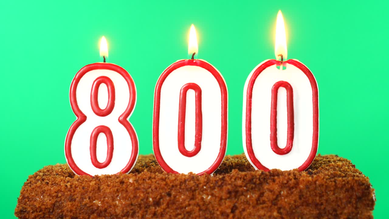 Cake with the number 800 lighted candle. Chroma key. Green Screen. Isolated
