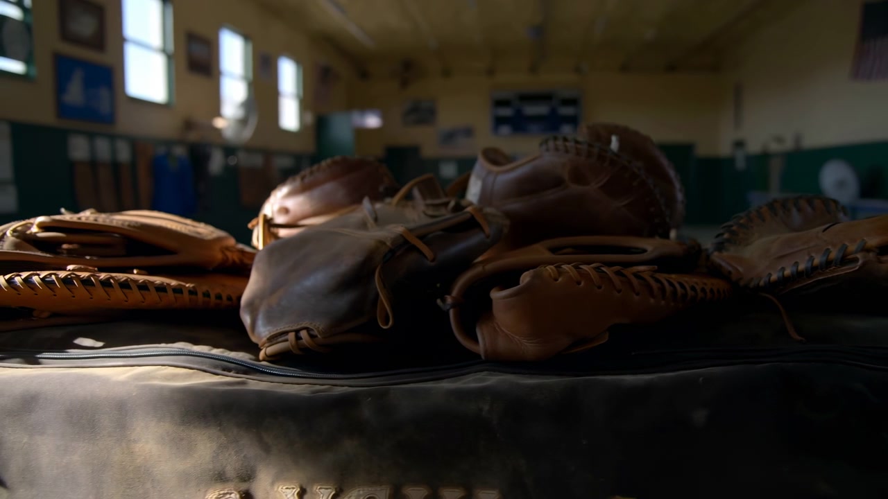 Nærbillede fra lav vinkel af stablede brune baseballhandsker i læder, der hviler på en mørk sportstaske inde i en skolegymnastiksal, og viser slidte håndfladeteksturer, flettede snørebånd og synlige syninger.