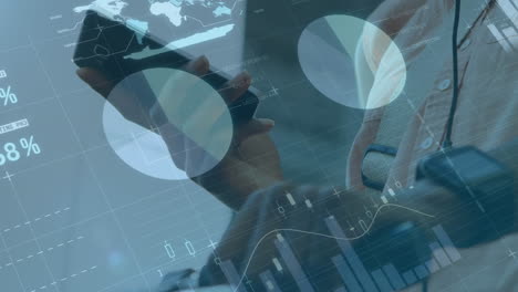 animation of financial data processing over caucasian businesswoman using smartphone