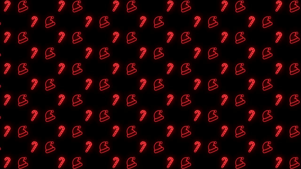 빨간색과 검은색 반복 애니메이션에서 크리스마스 트리, 눈송이, 산타 모자, 사탕 지팡이의 네온 크리스마스 패턴 배경