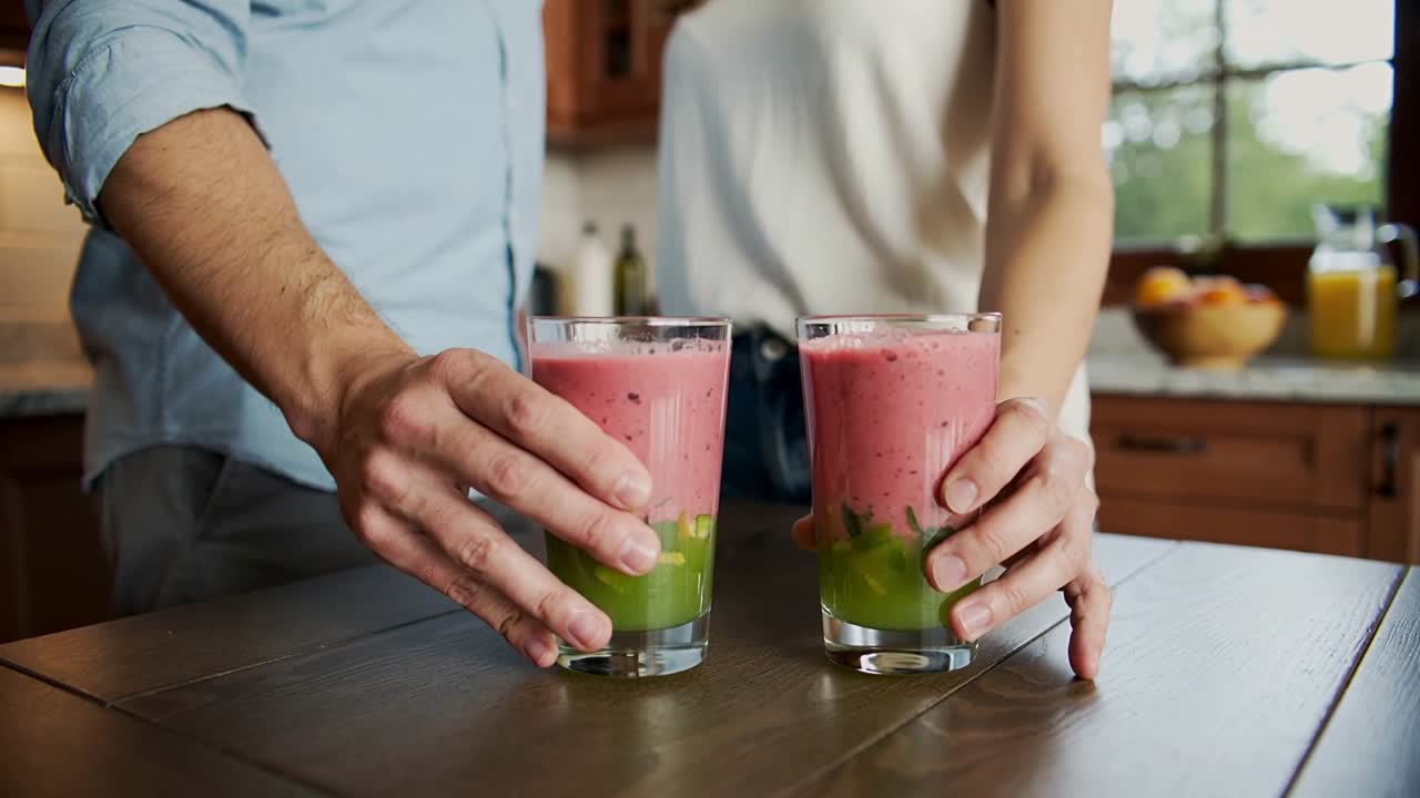 Sosteniendo vasos, pareja con camisa azul y top sin mangas presentando batidos de dos capas sobre una mesa de madera.