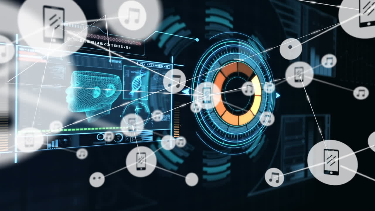 Network of digital icons against digital interface with data processing on black background