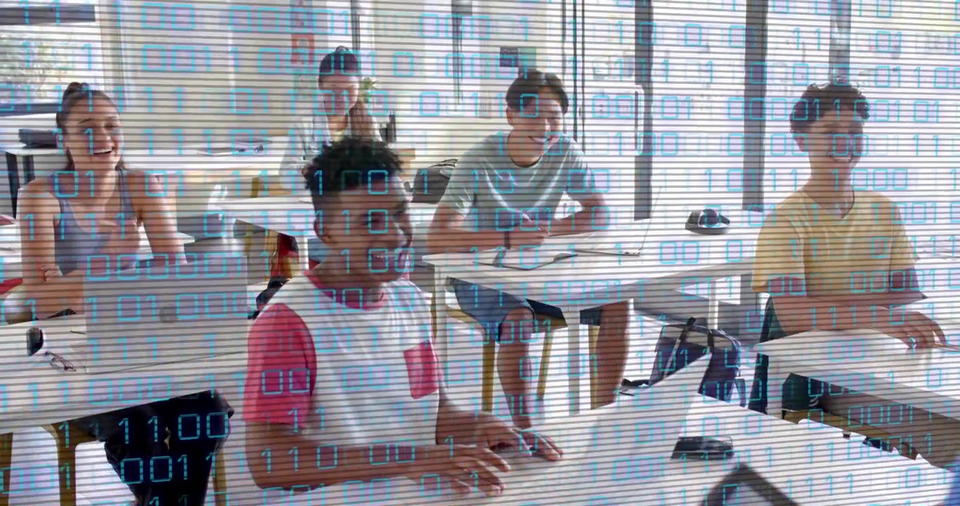 Instructor gesturing toward tablet, initiating coding with binary overlay while student reaching