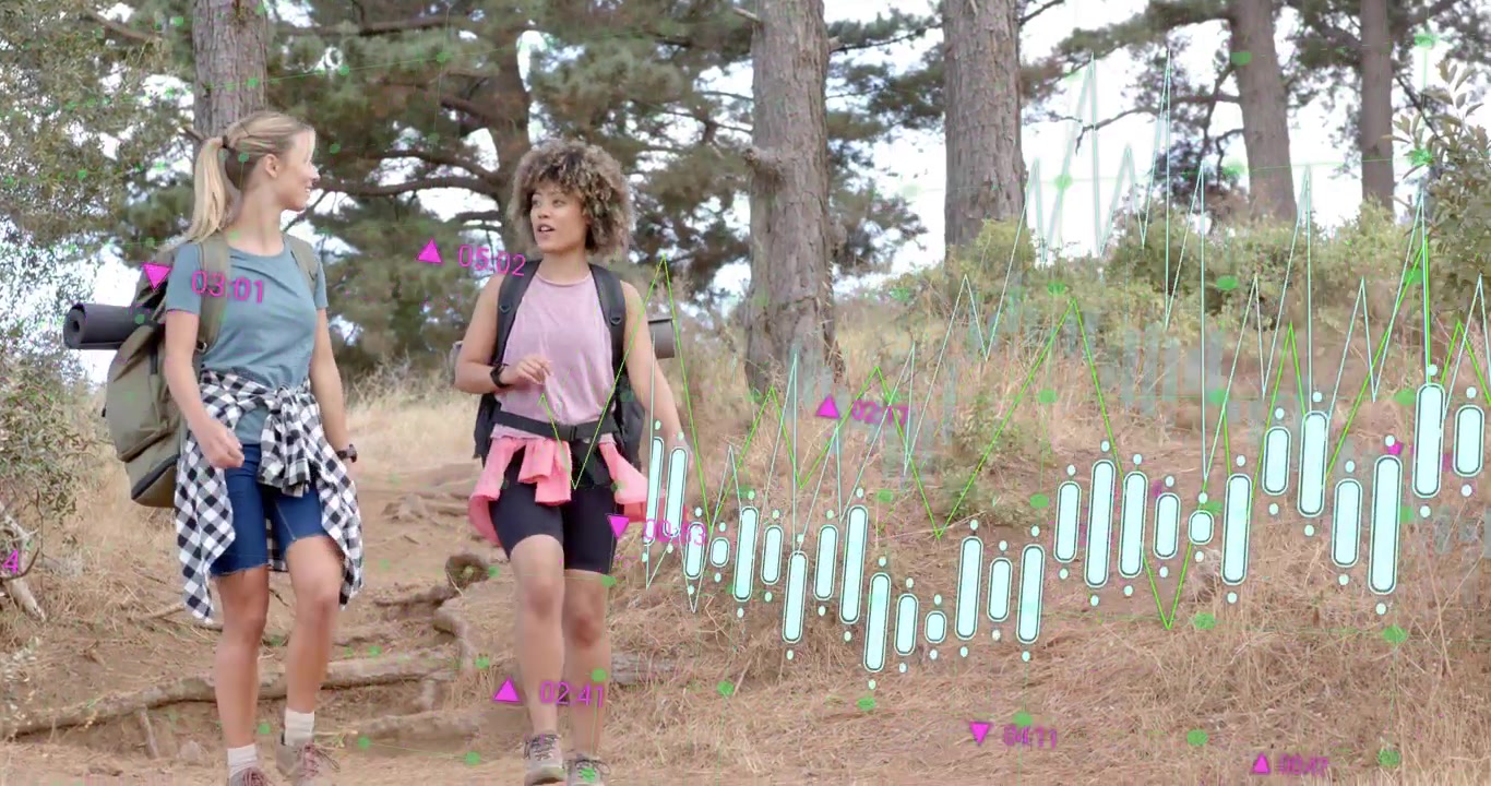 Two hikers descending path starting candlestick chart growing beside them while planning trail