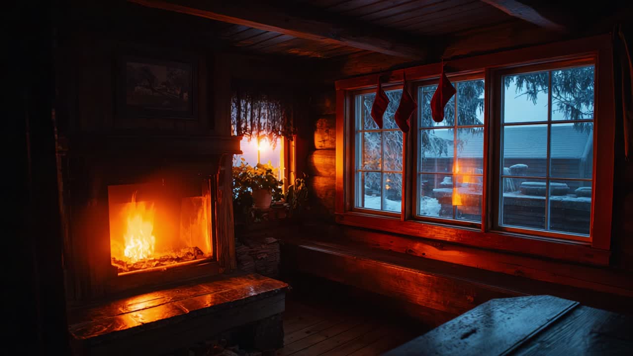 Cozy Winter Evening: A Warm Glow from the Fireplace Illuminates a Rustic Cabin Interior with Snowy Views Outside and Stockings Hanging by the Windows, Creating a Tranquil and Inviting Atmosphere