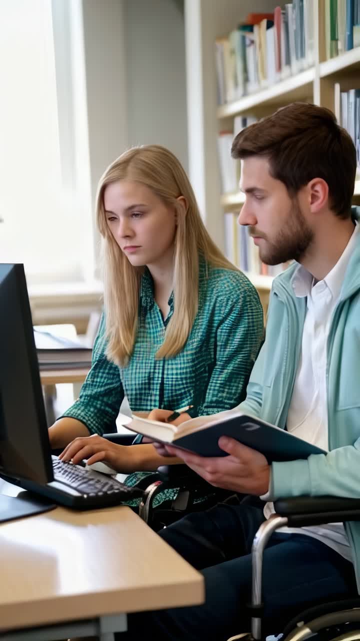 A man and a woman are sitting at a desk with a computer and a book, studing together in library
