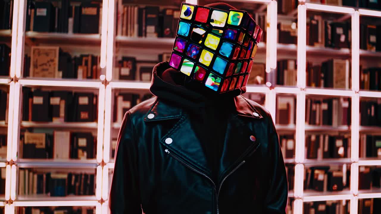 Montage of a mysterious dj wearing a colorful led cube mask and a black leather jacket, standing in front of a library illuminated by neon lights of different colors