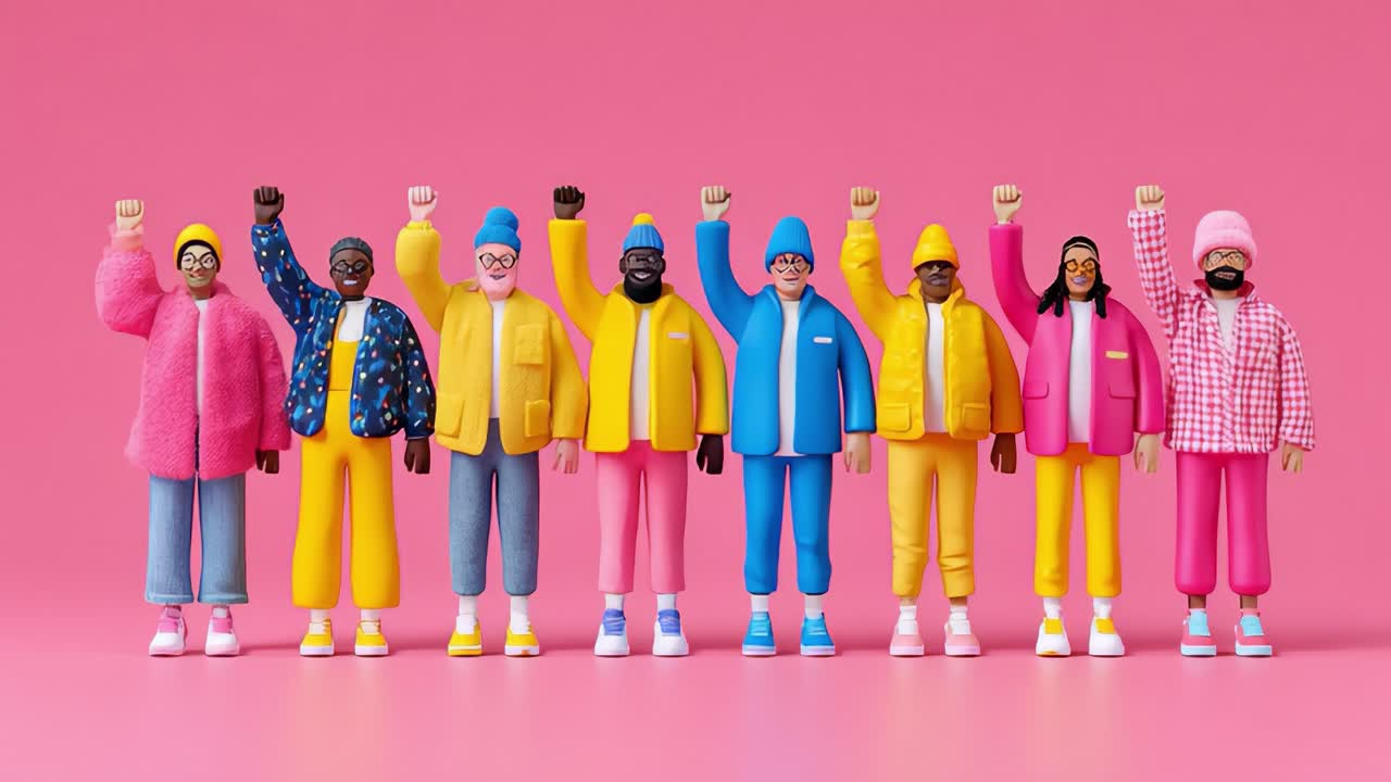 Vibrant Diversity: A Collection of Animated Figures United in Spirit, Showcasing Colorful Outfits and Powerful Stances Against a Bold Pink Background Representing Unity and Strength