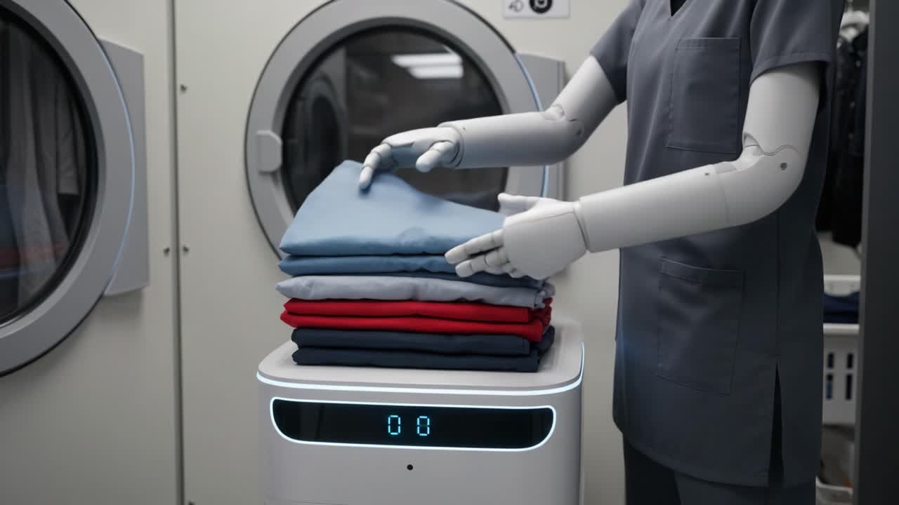 A robotic arm skillfully arranging freshly cleaned laundry on a folding station in a modern laundromat, showcasing efficiency and innovation in garment care