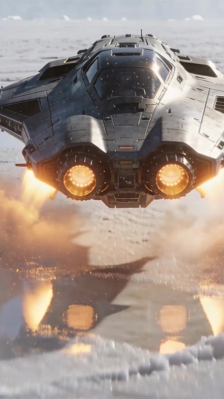 Vertikal video: Sci-fi skib antænder tvillingemotorer og svæver over en lys saltslette for langsom opstigning.