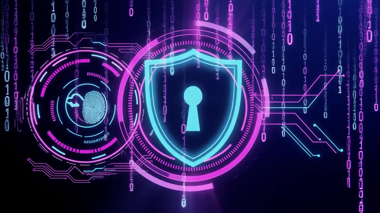 Digital Cybersecurity Concept with Shield and Fingerprint Scanner