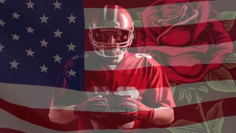 Animation-Der-US-Flagge-Und-Rose-über-Einem-American-Football-Spieler