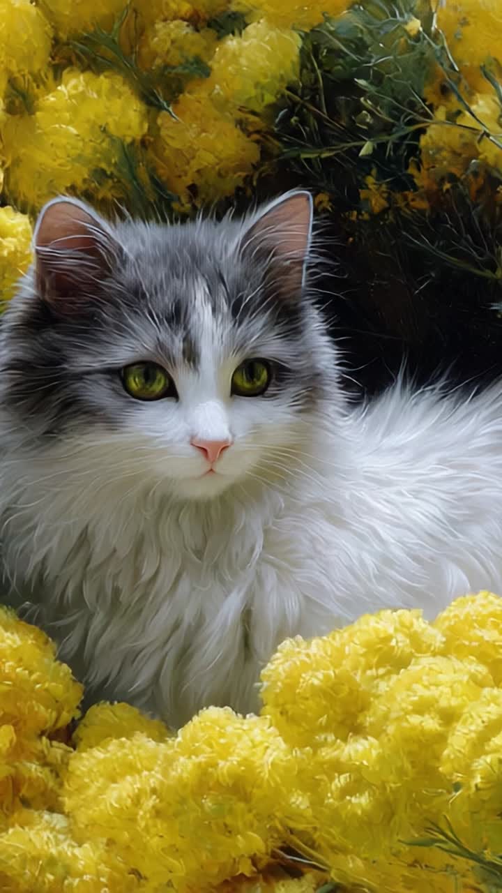 Betagende nærbillede af en gådefuld kat omgivet af gule blomster, der viser dens slående grønne øjne og luksuriøse pelsstruktur