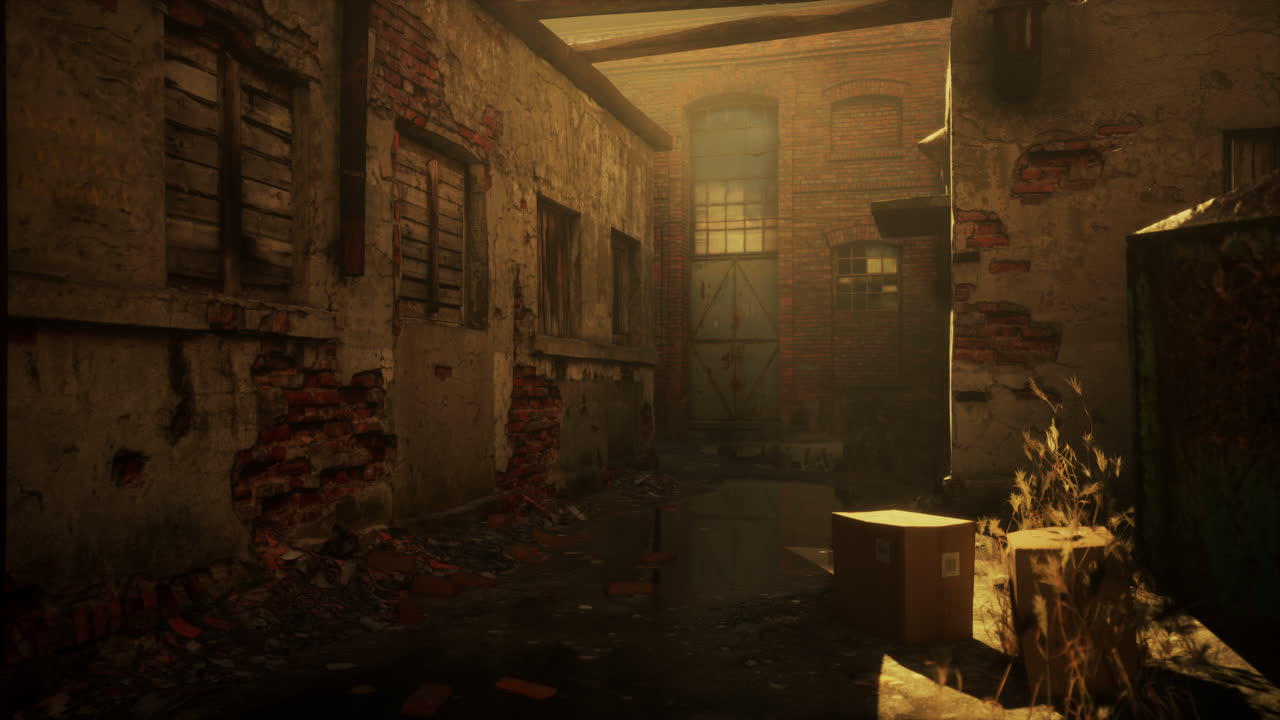 벽돌 전면과 함께 오래된 버려진 산업 거리 전망