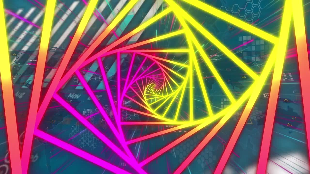 금융 그래프와 데이터 위에 노란색과 분홍색 회전 모양의 애니메이션