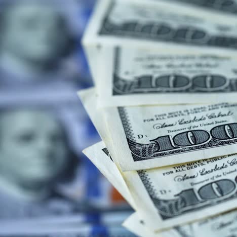 edges of one hundred dollar bills rotating. american money background. rotation of dollar banknotes. close-up.