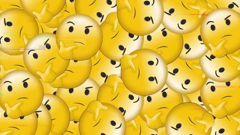 Digital-animation-of-multiple-thinking-face-emojis-falling-over-tv-static-effect