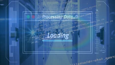 Animation-of-multiple-texts-and-loading-bar-over-computer-language-against-server-room-in-background