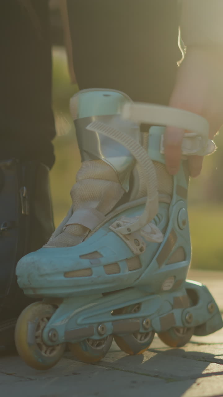 A close-up shot of a faceless person standing in a park during a sunny day, with one foot in a light blue rollerblade and the other in a black boot. the contrast between the two types of footwear