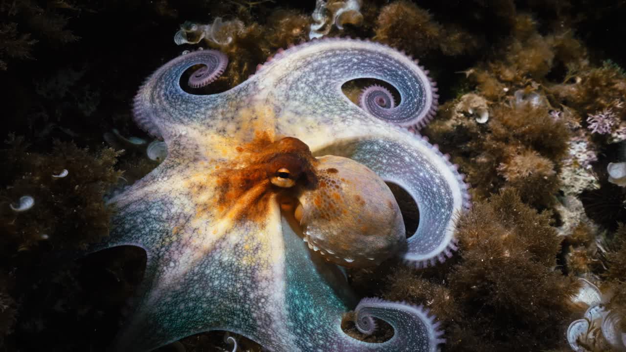 Primo piano subacqueo di un polpo nelle acque di Ibiza mentre la telecamera si avvicina rivelando tentacoli dettagliati, ventose, l'occhio e i riflessi della luce solare.