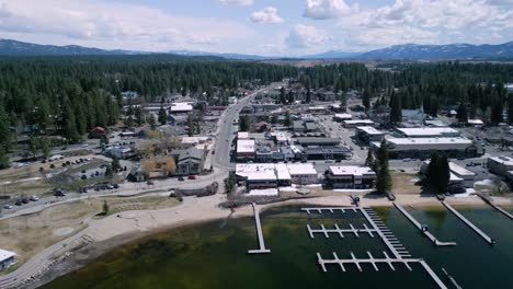 flight over payette lake near mccall idaho with the mountains in the background